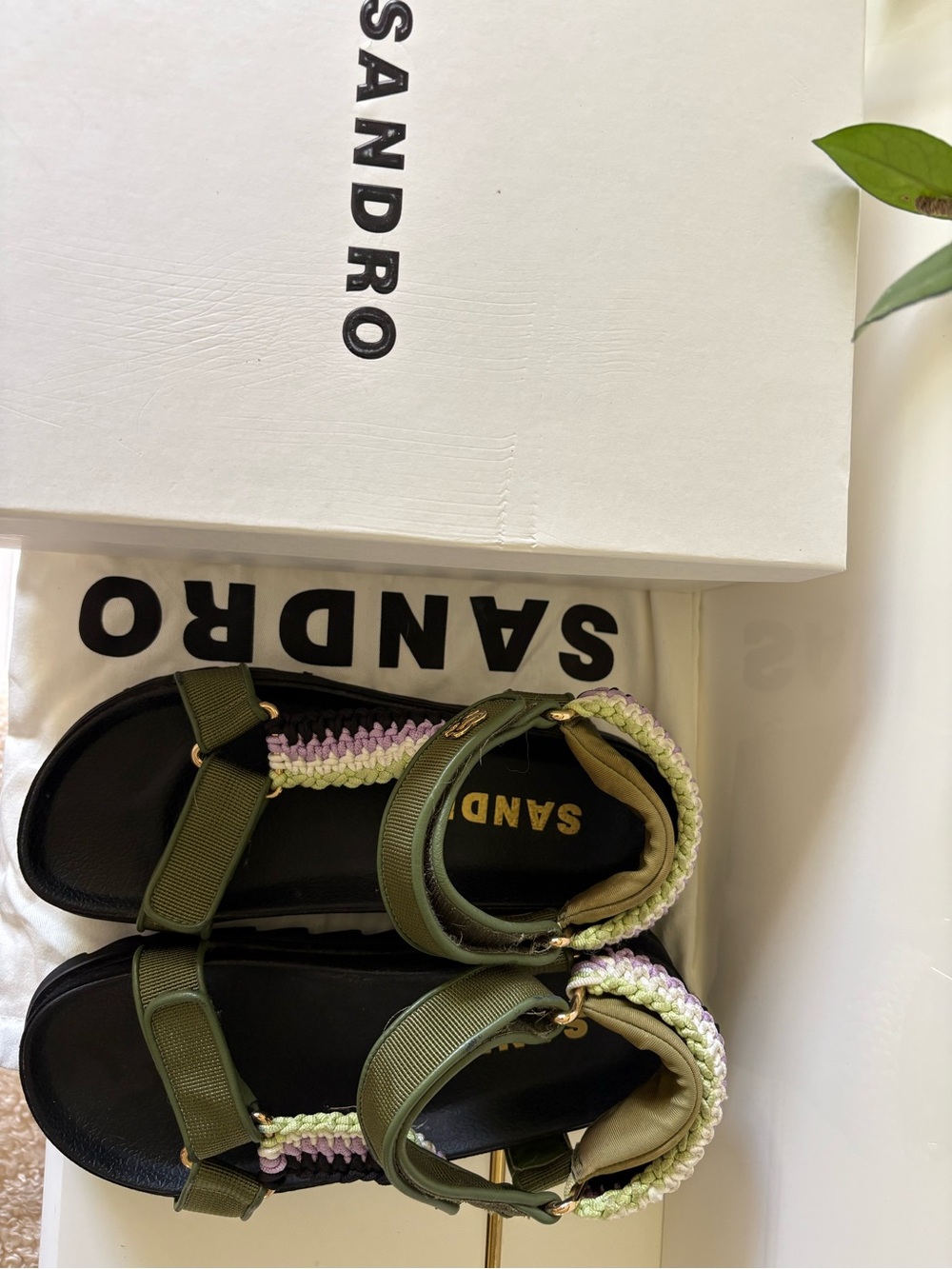 🇫🇷 Sandro 🫒Green Sandals with Lilac and Cream Braided Trim